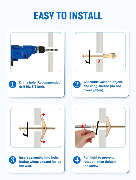 Installation steps for 20 Sets Heavy Duty Toggle Bolts For Drywall Kit With 3/16 Inch Hollow Wall Anchors And Colored Zinc Coating