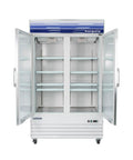 Game Changer Commercial Refrigerator With Dual Sliding Glass Doors 29 Cubic Feet Of Storage Zero Frost Headaches showing empty shelves.