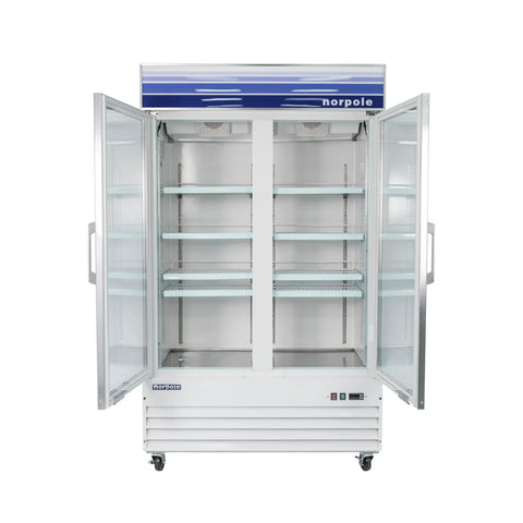 Game Changer Commercial Refrigerator With Dual Sliding Glass Doors 29 Cubic Feet Of Storage Zero Frost Headaches showing empty shelves.