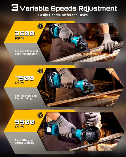 Cordless 21V Angle Grinder With Brushless Motor Delivers Up To 9500 RPM Lightweight 4-1/2 Inch Tool Includes 2x 4.0Ah Batteries A Real Workhorse For Metal Cutting And Grinding Durable And Easy To Handle shown with variable speeds for different tasks