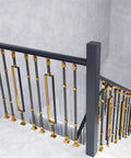 Premium Aluminum Balusters And Hollow Stair Spindles Featuring A Sleek Black And Gold Finish on modern staircase.