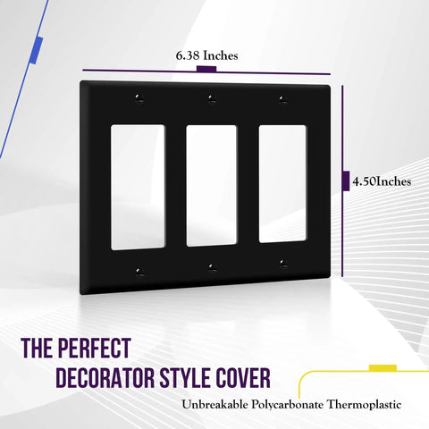 Durable Decorator Light Switch And Receptacle Wall Plate In Gloss Black 3-Gang 4.50 By 6.38 Inches Built Tough With Unbreakable Polycarbonate Thermoplastic UL Listed 8833-BK.
