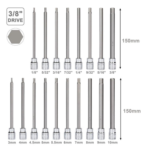 Long Three Eighths Inch Drive Hex Bit Socket Set With S2 Alloy Bits And CR V Sockets SAE And Metric Mix Eighteen Piece Kit