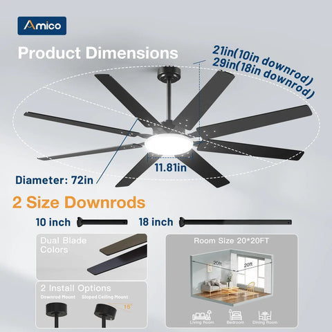 Dope 72 Inch Ceiling Fan With Lights Remote Control Dimmable 3CCT Black Modern Ceiling Fan dimensions and features.