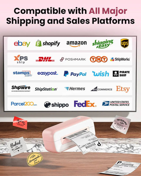 Pink Bluetooth Thermal Label Printer 4x6 For Small Business printing labels with platform logos like eBay, Amazon, FedEx on screen