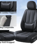 Premium Full Seat Cover Set For Cars All Five Seats Waterproof Nappa Leather Front And Rear Car Seat Protector With Lumbar Support Universal Fit For Most Sedans SUVs And Pickups showcasing lumbar support and airbag compatibility.