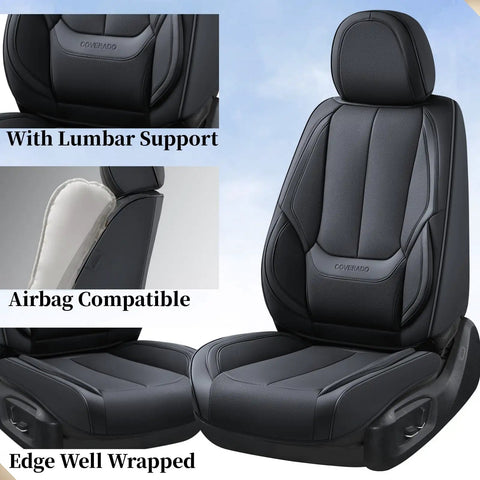 Premium Full Seat Cover Set For Cars All Five Seats Waterproof Nappa Leather Front And Rear Car Seat Protector With Lumbar Support Universal Fit For Most Sedans SUVs And Pickups showcasing lumbar support and airbag compatibility.