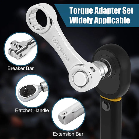 Torque Adapter Set 12-Piece SAE With Box End And 12 Point Extensions for Tight Spots, shown with ratchet handle and extension bar.