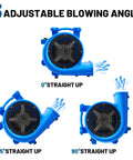 Industrial Air Mover Blower Fan One Point Five HP High CFM Ten Thousand, blue fan showing 0, 45, 90 degree angles.