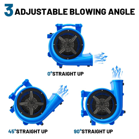 Industrial Air Mover Blower Fan One Point Five HP High CFM Ten Thousand, blue fan showing 0, 45, 90 degree angles.