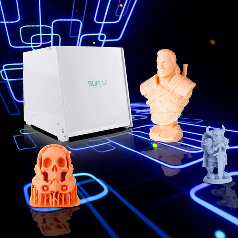 405nm UV Resin Curing Box With Six High Power LEDs Electric Turntable and resin models on neon background