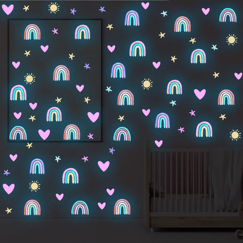 Luminous Blue Rainbow Wall Decor Stickers Set With Hearts Stars Suns Watercolor Elements For Nursery Baby Bedroom Girls Boys