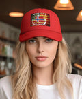 Woman wearing Denim Washed Vintage Adjustable Trucker Cap With Norwegian Flag Dragon Boat Theme Unisex Cowboy Style Hat.