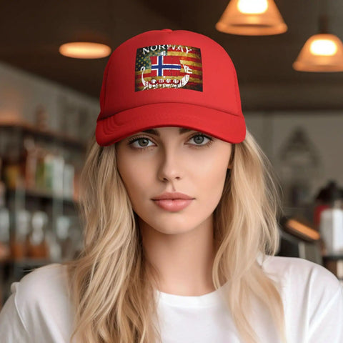 Woman wearing Denim Washed Vintage Adjustable Trucker Cap With Norwegian Flag Dragon Boat Theme Unisex Cowboy Style Hat.
