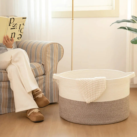 Hella Spacious XXXLarge Blanket Basket For Living Room Storage And Family Rooms Is Built Tough With Heavy Duty Woven Weave Offering A Super Roomy 90 Liter Space To Stack Bulk Comforters Extra Pillows And Throw Blankets In Warm Earthy Brown