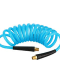 Badass 1/4 Inch Coiled Polyurethane Air Hose For Air Compressors With Swivel Fittings And Bend Restrictors Blue, flexible 10-foot tubing.