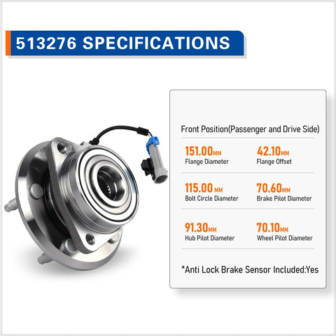Beefed-Up Front Wheel Hub Bearing Assembly Fits 2007-2009 Chevy Equinox, 2007-2008 Pontiac Torrent, Suzuki XL-7, 2008-2010 Saturn Vue 5 Lug With ABS Durable Replacement Easy Install OEM Quality with specifications shown.