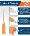 Close-up of 5 16th Inch Carbon Steel Beveled Edge Wood Chisel with orange non-slip handle, highlighting blade and handle details.