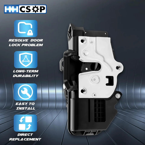 Front Left Driver Side Door Lock Actuator Motor For Chevy GMC SUVs And Trucks 2007 2008 2009 2010 2011 2012 2013 2014 Suburban Tahoe Silverado Avalanche Yukon XL Sierra Replacement close-up, black plastic and metal housing