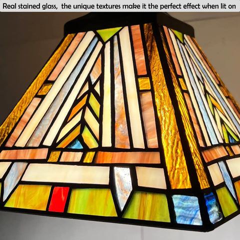 Tiffany Style Pendant Light Fixture With Dope Vintage Mission Farmhouse Charm 8 Inch Wide Stained Glass Pendant Light close-up view