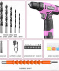 12V Pink Cordless Drill Kit With Battery And Charger, 3/8 Inch Keyless Chuck, drill bits, charger, flexible shaft, and accessories