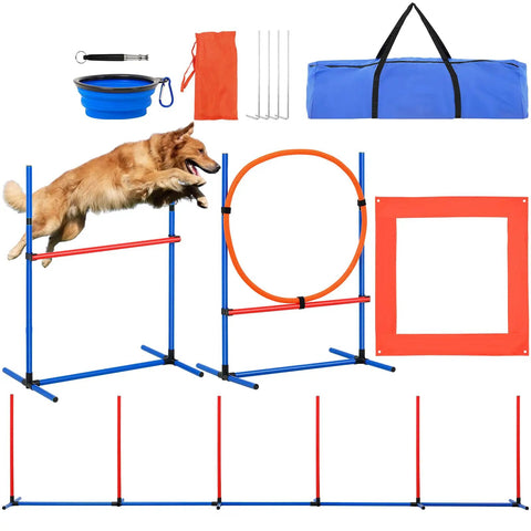 All In One Dog Agility Training Kit With 4 Adjustable Hurdles 6 Weave Poles Jump Ring Square Pause Box Whistle