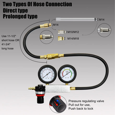 Front view of YSTOOL cylinder leak-down tester kit with dual gauges, hoses, brass fittings, and blue pressure regulator valve.