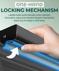 Three Step Folding Step Ladder In Matte Black Aluminum With Locking Mechanism Ultra Slim Profile Anti Slip Steps Lightweight Yet Sturdy For Home Office Kitchen Photography Super Handy And Ready For DIY Projects. locking mechanism close-up with hand release