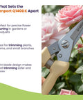Close-up of Zenport Q140DX pruning shears cutting pink roses, ideal for precise trims in gardens, with beige ergonomic handles.