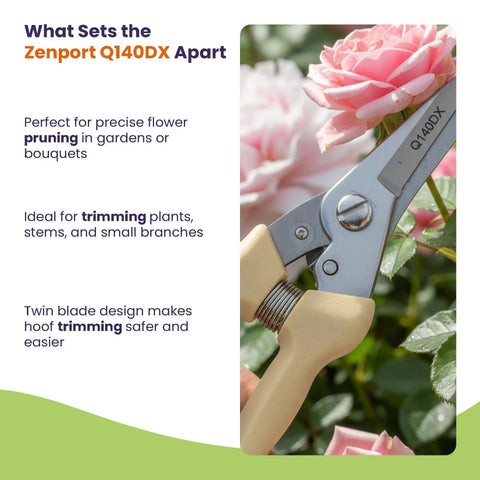 Close-up of Zenport Q140DX pruning shears cutting pink roses, ideal for precise trims in gardens, with beige ergonomic handles.