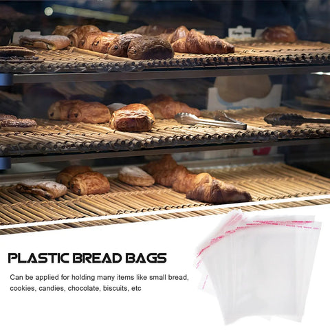 Self Sealing Clear Cookie Bags For Individual Packaging, 100 Pack, OPP Material Snack Bags shown near bakery goods display.