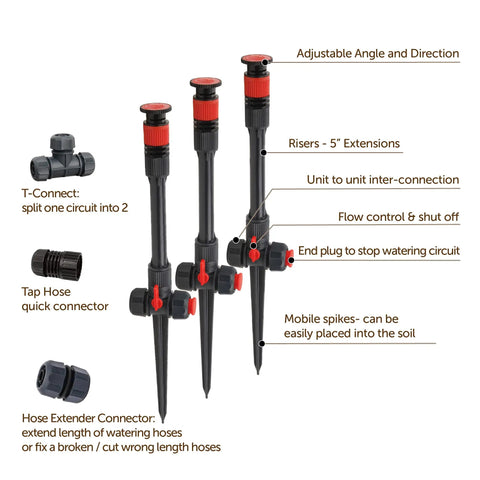 Multi-Adjustable Flex Design Garden Sprinkler With Extension Set featuring risers, connectors, and adjustable heads for lawns.