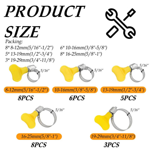 Product sizes for Stainless Steel Hose Clamps Kit 8-29mm Adjustable Thumb Screw Pipe Clamps with yellow handles, 30 pieces.