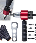 Transform Your Cordless Drill Into A Badass Electric Rivet Gun Kit Featuring No Sweat Quick Swap Blind Rivet Adapter For Automotive Metalwork And Tough Diy Jobs with red rivet gun and accessories.