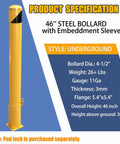 46 Inch Removable Steel Safety Bollard With Bright Yellow Powder Coat Embedding Sleeve showcasing product specifications and underground style.