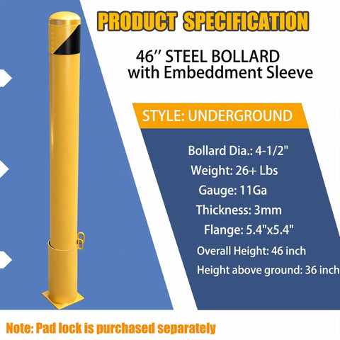 46 Inch Removable Steel Safety Bollard With Bright Yellow Powder Coat Embedding Sleeve showcasing product specifications and underground style.