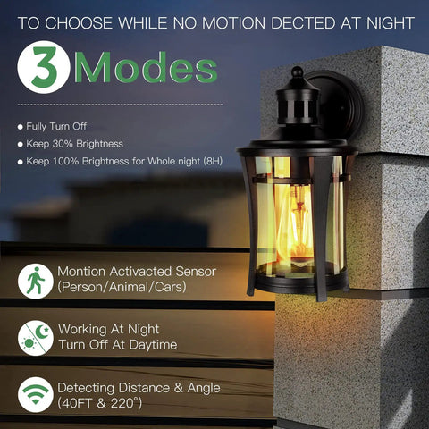 Outdoor Wall Light With Motion Sensor Black Exterior Sconce 3 Modes Dusk To Dawn Anti Rust Waterproof Front Porch Fixture lit up on wall