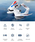 3 In 1 Water Land Air RC Plane For Beginners With Gyro Stabilizer in white with dual wing design on water surface.
