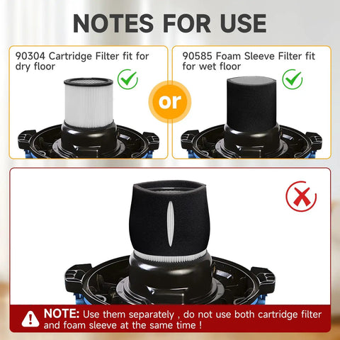 2 Pack Replacement Vacuum Filter Kit For 90304 90350 90333 90585 Wet Dry Vac Cartridges With Lids And Filter Foam Sleeve usage instructions