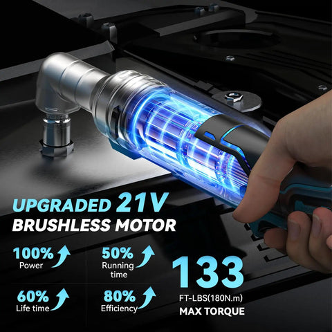 Close-up of the Heavy Duty Cordless Ratchet Wrench Kit with 133 Ft-Lbs Torque, 21V Power, 2250 RPM on a mechanical component.