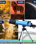 Kid-Friendly Beginner Telescope With 50mm Aperture And 100x Magnification Portable Tripod Kit With 2 Eyepieces And Finder Scope STEM Educational Gift For Boys And Girls Ages 6 12 Perfect Starter Astronomy Gear on tripod, shown for moon, birds, wildlife, and landscape viewing