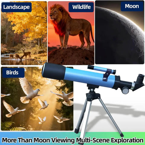 Kid-Friendly Beginner Telescope With 50mm Aperture And 100x Magnification Portable Tripod Kit With 2 Eyepieces And Finder Scope STEM Educational Gift For Boys And Girls Ages 6 12 Perfect Starter Astronomy Gear on tripod, shown for moon, birds, wildlife, and landscape viewing