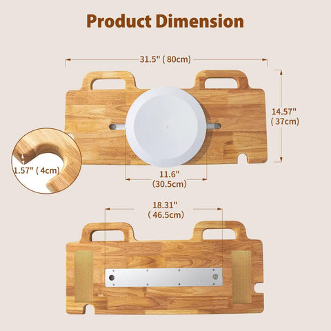 Heavy Duty Slide Transfer Board With Swivel Turntable For Wheelchair To Bed Or Toilet Relocation, dimensions showing rubberwood material and handles.