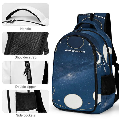 Moon Phase Diagram Printed Backpack Unisex Large Capacity Dope Everyday Carry Bag with double zipper and side pockets