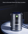 Close-up of a Four Pack Solar Camping Lanterns USB Rechargeable LED Lanterns Portable Battery Powered Lights with glow-in-the-dark switch.