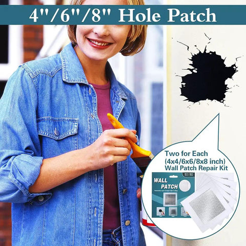 Woman holding All In One Wall Repair Patch Kit with self adhesive aluminum mesh for holes in walls and ceilings, 4, 6, 8 inch patches.