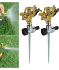 Two metal garden sprinklers with 360-degree rotating irrigation system for lawn, farm, and greenhouse; automatic watering setup.