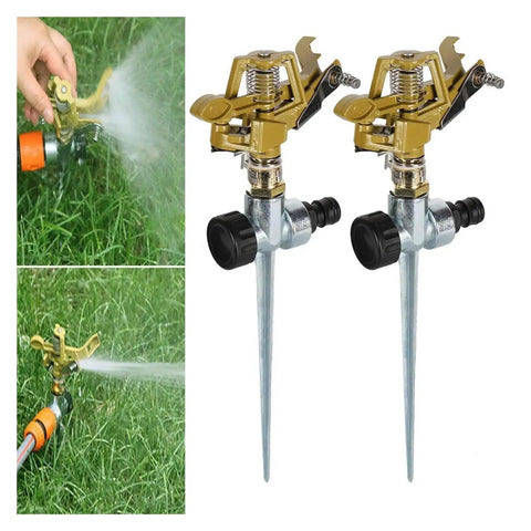 Two metal garden sprinklers with 360-degree rotating irrigation system for lawn, farm, and greenhouse; automatic watering setup.