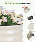Round Raised Garden Bed Set Of 3 Galvanized Steel Planter Boxes 2x2x1ft With Rubber Edge Trim For Kid Friendly Safe Durable Outdoor Gardening Of Vegetables Flowers Fruits And Herbs In White, featuring safety edging design with blooming flowers.