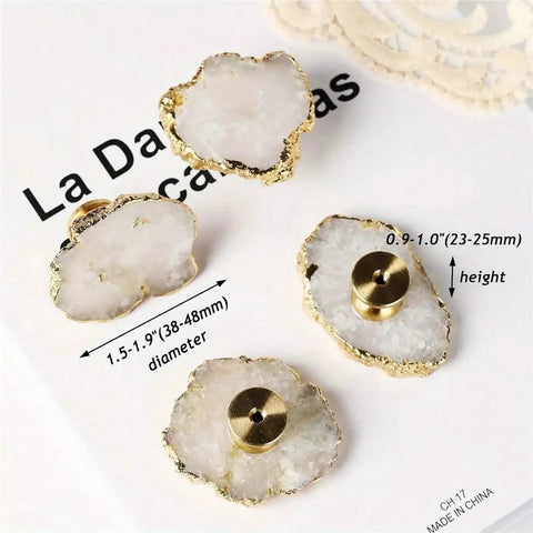 White Geode Cabinet Knobs 4 Pack Gold Plated Gemstone Drawer Pulls showing four geode drawer pulls, each 1.5-1.9" diameter.